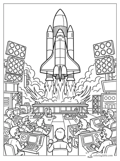 Cartoon space shuttle blasting off as mission control crew cheer at their consoles