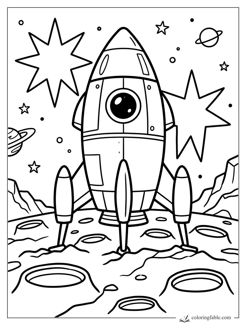 Bold easy coloring page of a rocket standing on a cratered moon with stars and planets in space.