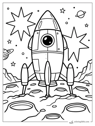 Bold easy coloring page of a rocket standing on a cratered moon with stars and planets in space.