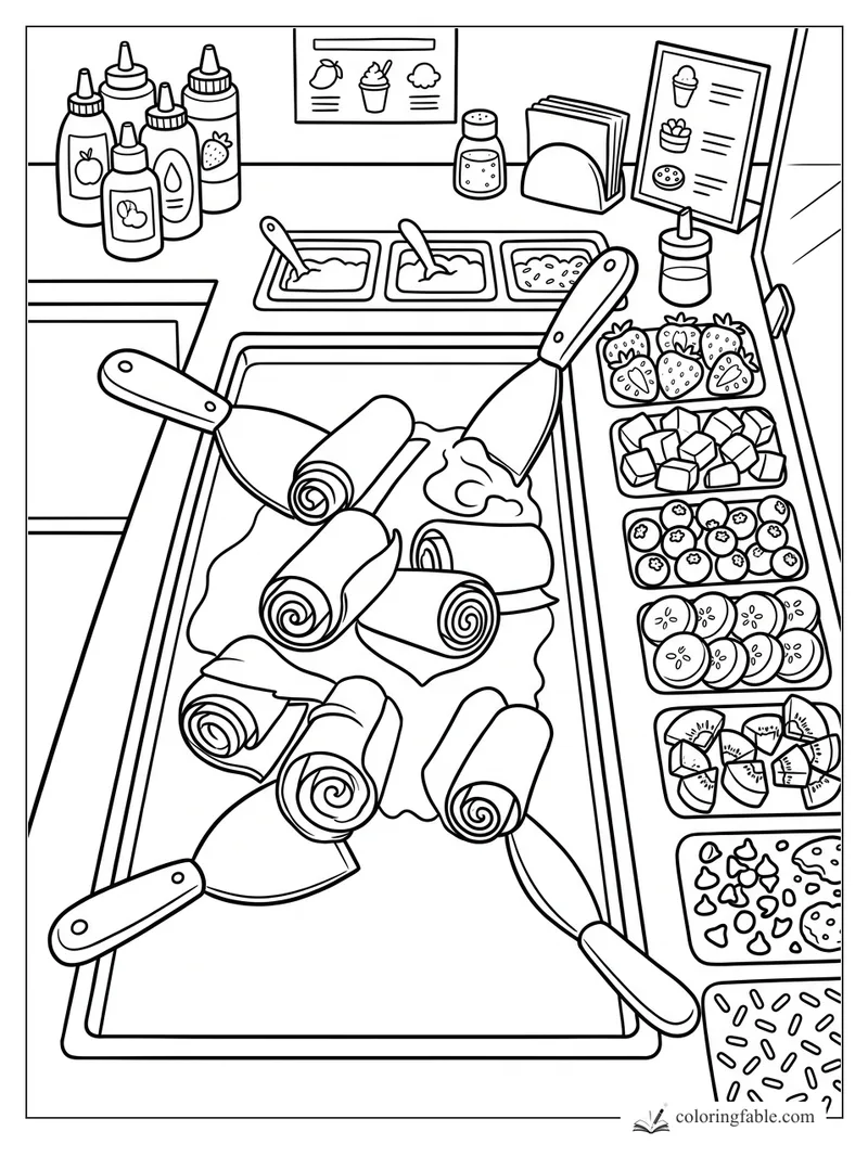 Cartoon rolled ice cream tray with scrapers, sauce bottles, strawberries, fruit, cookies, and sprinkles