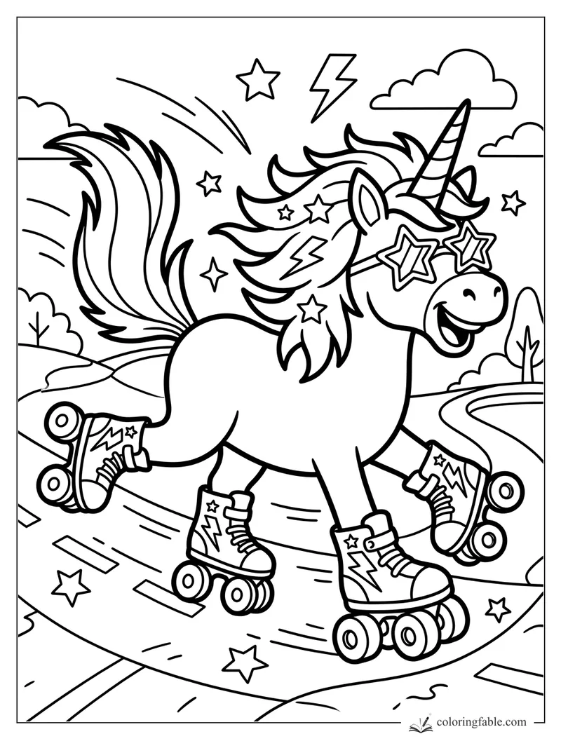 Smiling unicorn on roller skates wearing star sunglasses on a winding park path