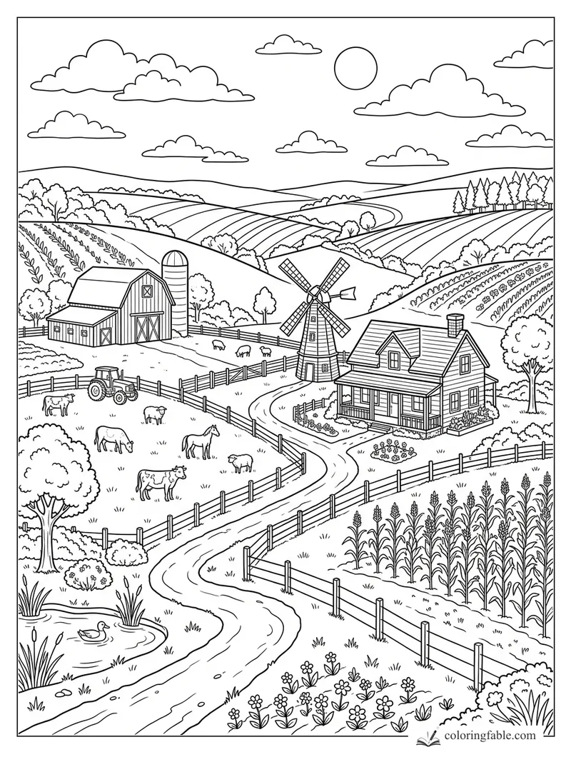 Realistic farm coloring page with barn, windmill, farmhouse, tractor, animals, pond, and rolling fields.