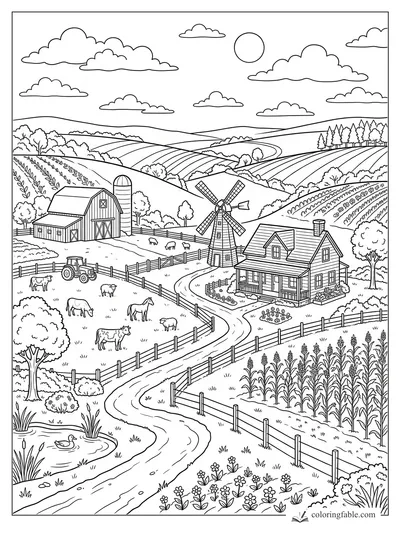 Realistic farm coloring page with barn, windmill, farmhouse, tractor, animals, pond, and rolling fields.