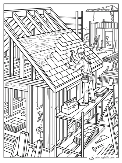 Realistic house construction coloring page with roofer nailing shingles, scaffolding, lumber, tools, and crane.