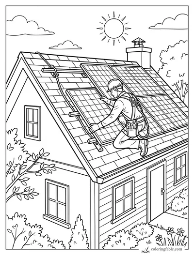 Worker kneeling on a shingled house roof installing solar panels under a bright sun.