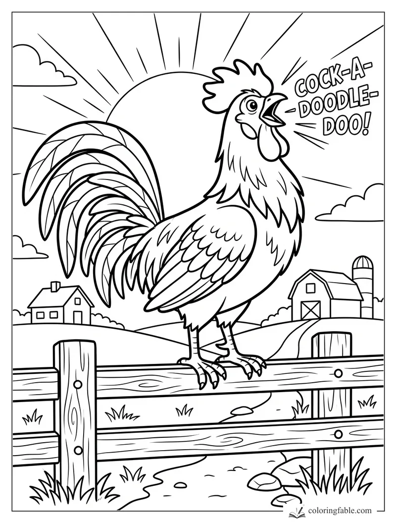 Cartoon rooster crowing cock-a-doodle-doo on a wooden fence at sunrise with barn and farmhouse