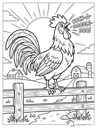 Cartoon rooster crowing cock-a-doodle-doo on a wooden fence at sunrise with barn and farmhouse