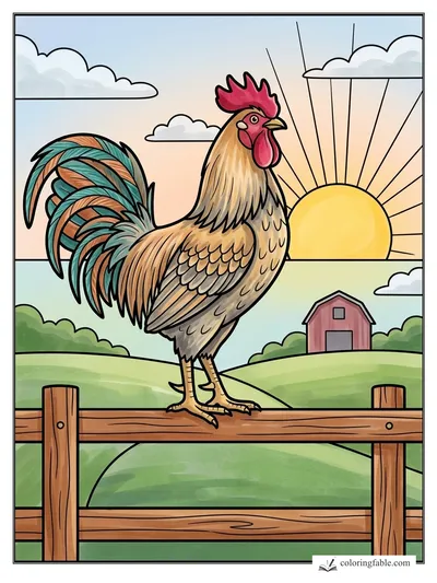 Rooster on the Fence at Sunrise — colored example