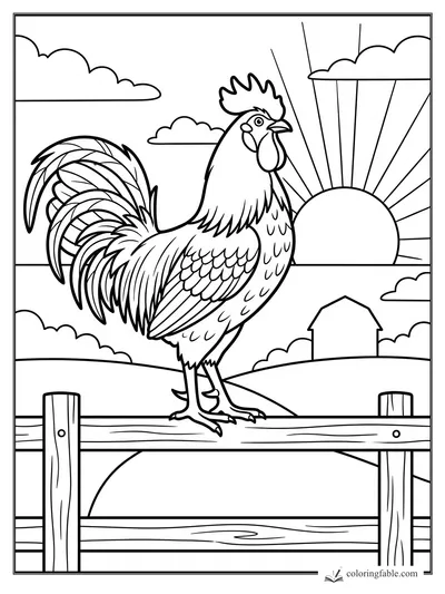 Rooster standing on a wooden fence at sunrise with barn, clouds, hills, and long tail feathers