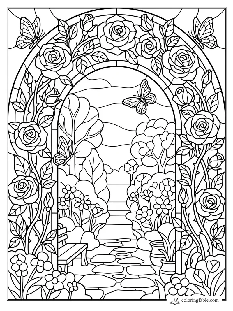Stained-glass rose arch over a garden path with butterflies, bench, potted plant, flowers, and distant hills.