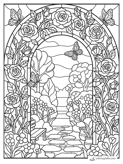 Stained-glass rose arch over a garden path with butterflies, bench, potted plant, flowers, and distant hills.