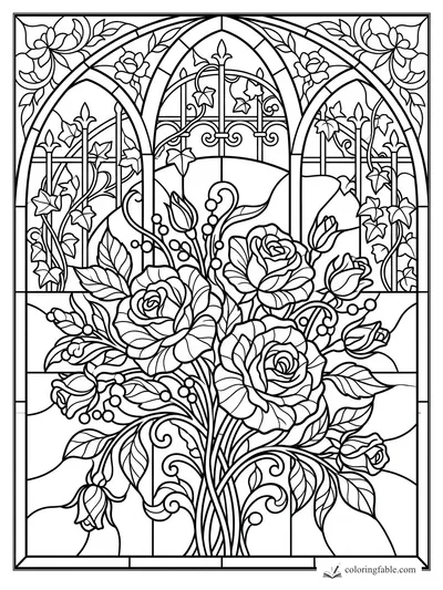 Intricate floral stained glass coloring page with roses, ivy, arched panels, and scrollwork.