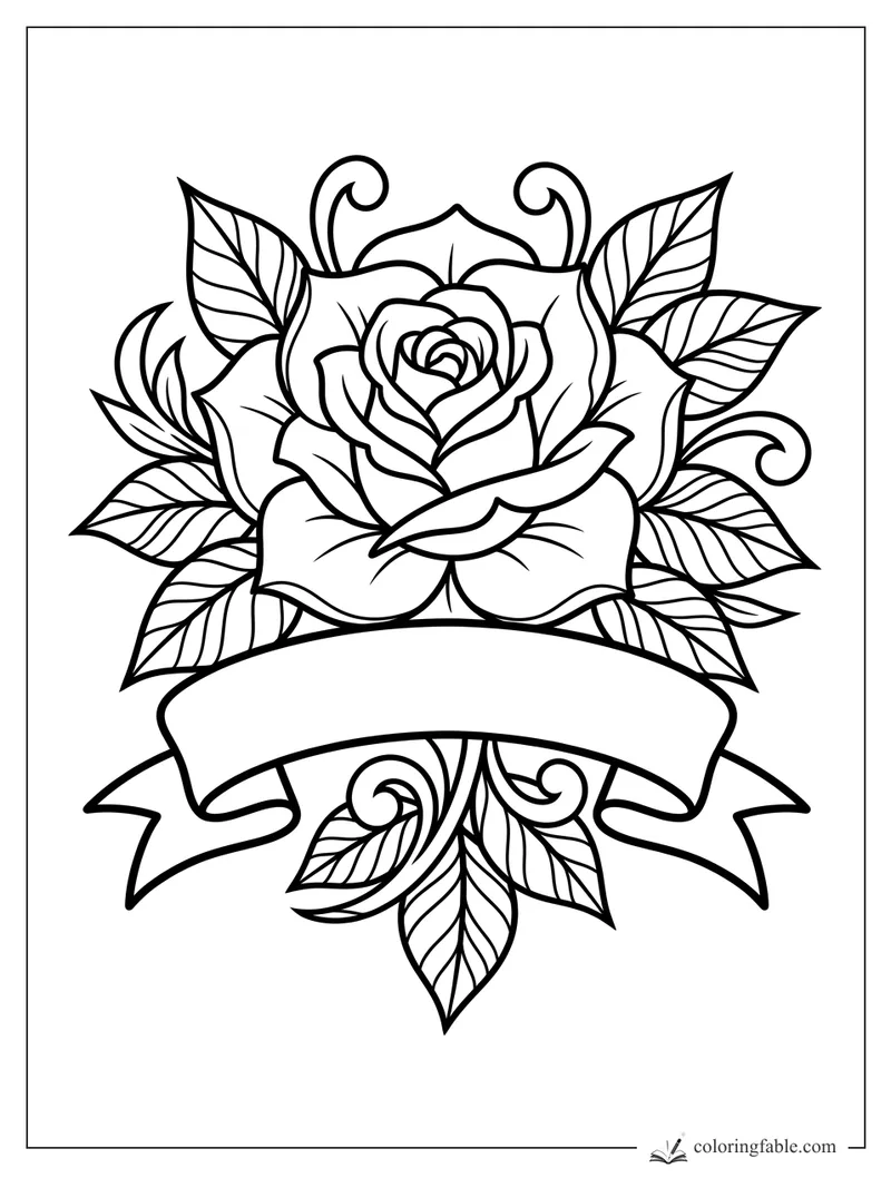 Rose coloring page with layered petals, veined leaves, scroll vines, and a blank ribbon banner