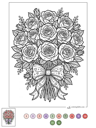 Rose Bouquet with Heart-Patterned Bow — color by number