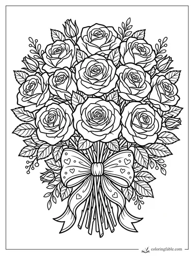 Coloring page of a rose bouquet with leaves, buds, berry sprigs, and a bow with heart details.