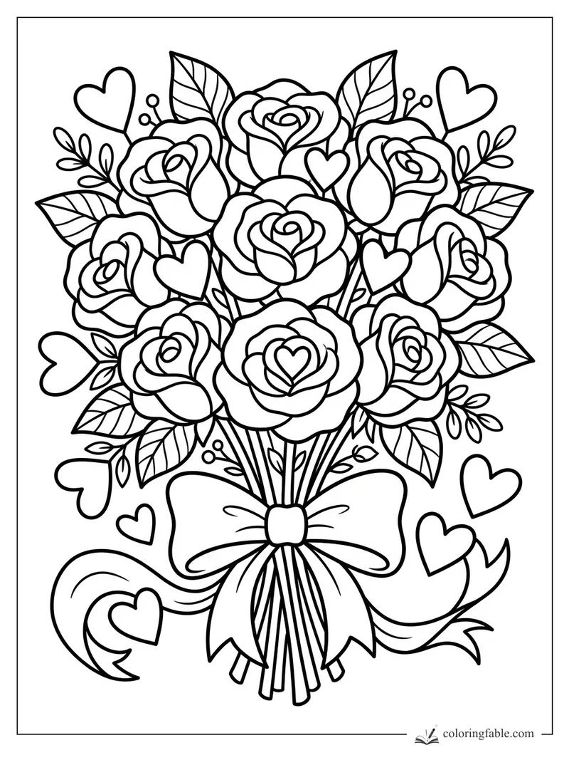 Cartoon rose bouquet coloring page with hearts, leafy stems, and a big ribbon bow.
