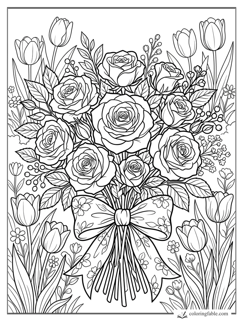 Detailed rose bouquet coloring page with tulips, leaves, berries, and a flower-patterned bow.