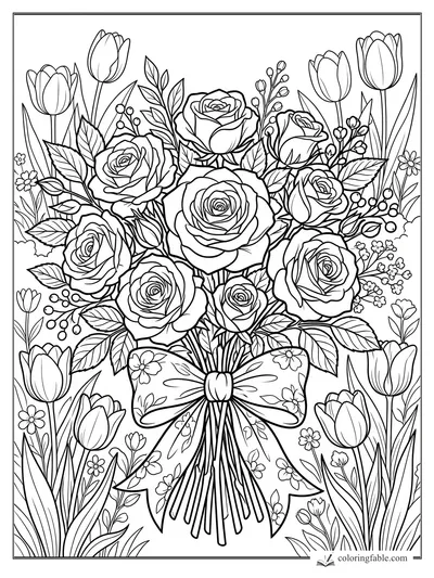 Detailed rose bouquet coloring page with tulips, leaves, berries, and a flower-patterned bow.