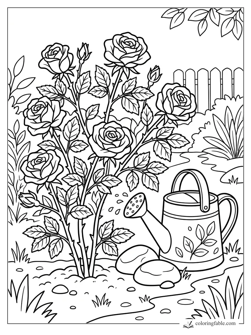 Cartoon rose bush with six blooms, buds, leafy stems, a watering can, stones, path, and picket fence.
