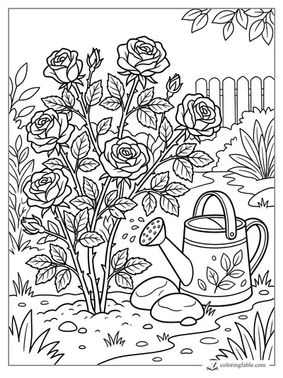 Cartoon rose bush with six blooms, buds, leafy stems, a watering can, stones, path, and picket fence.