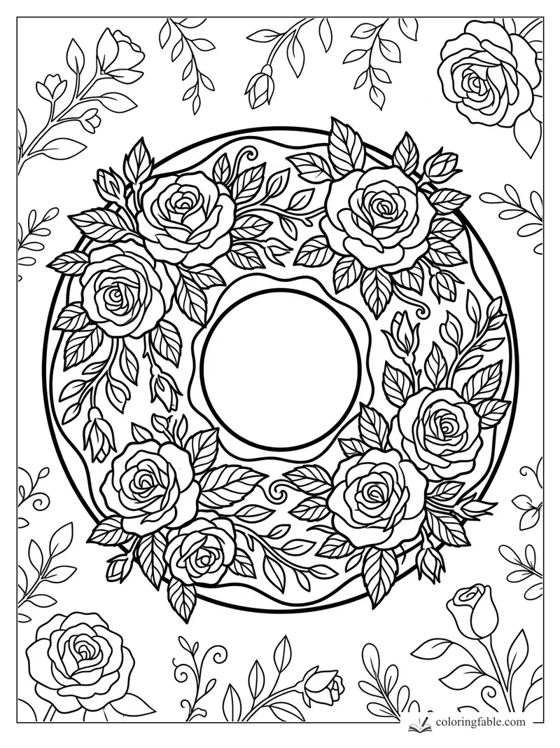 Floral donut coloring page with roses, leaves, vines, and a scalloped center hole