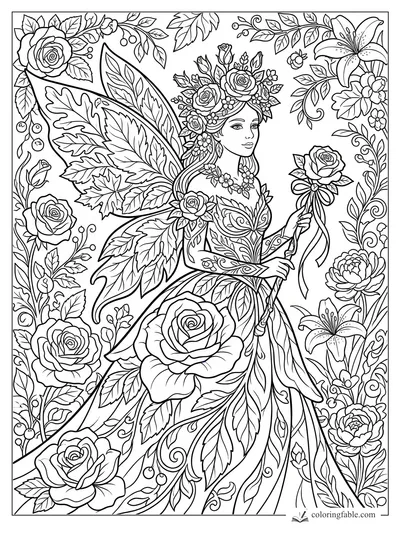 Intricate floral fairy with rose crown, leaf wings, rose staff, lilies, vines, and large garden blossoms