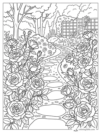 Rose garden coloring page with winding stepping-stone path, tall blooms, trees, shrubs, and a trellis fence.