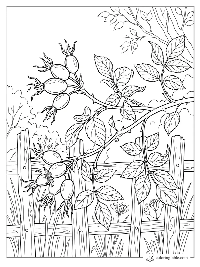 Realistic rose hips and serrated leaves on thorny canes climbing over a wooden garden fence.
