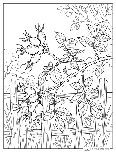 Realistic rose hips and serrated leaves on thorny canes climbing over a wooden garden fence.