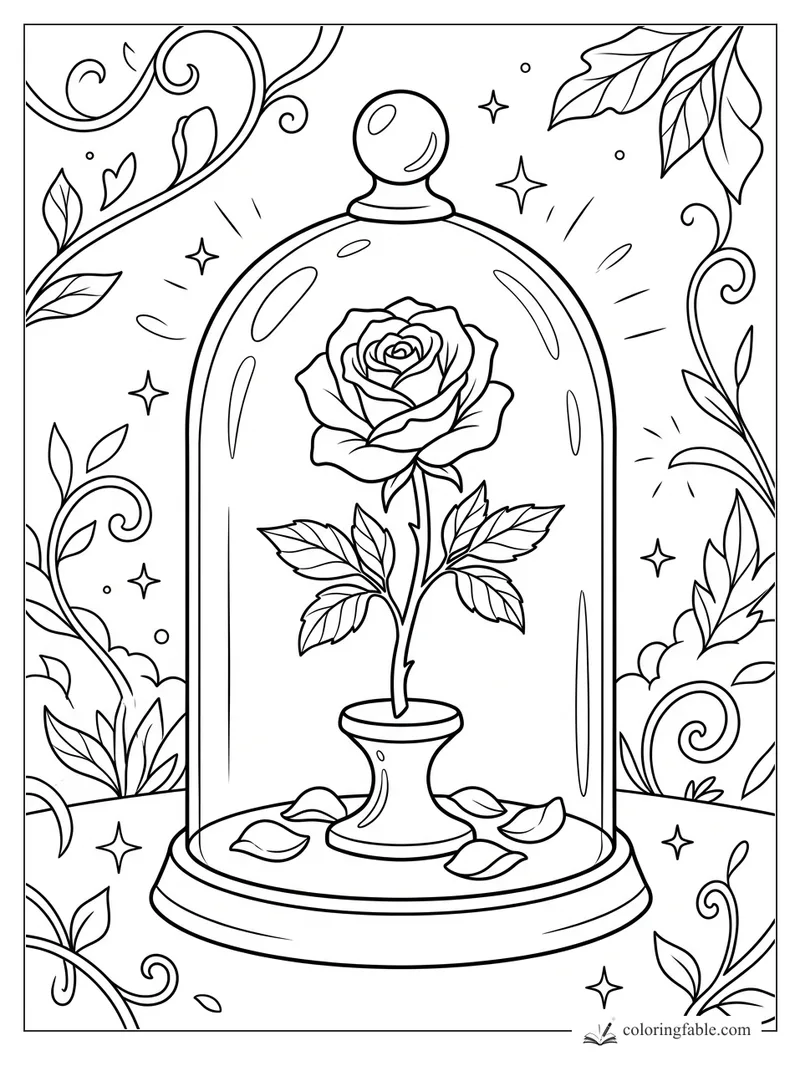 Detailed rose in a pot under a glass cloche with curling vines, leaves, petals, and sparkles.