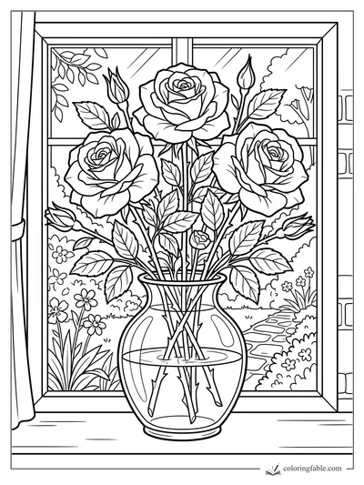 Three roses and buds in a glass vase on a windowsill overlooking a garden path