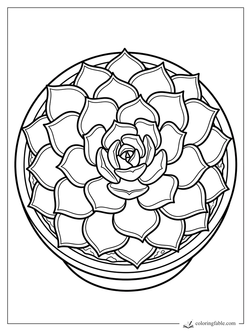 Realistic rosette succulent coloring page with pointed leaves, pebbly soil, and a round pot