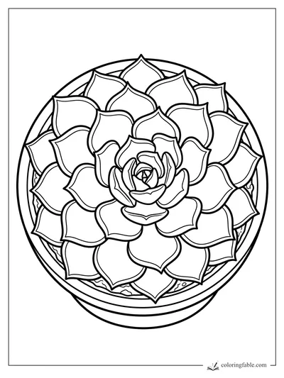 Realistic rosette succulent coloring page with pointed leaves, pebbly soil, and a round pot