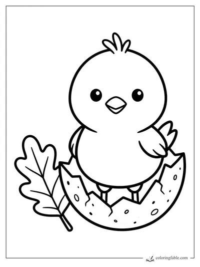 Cute round chick standing in a cracked eggshell beside a large leaf, bold easy coloring page