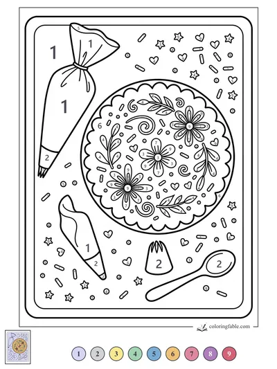 Round Cookie with Flowers and Frosting Tools — color by number