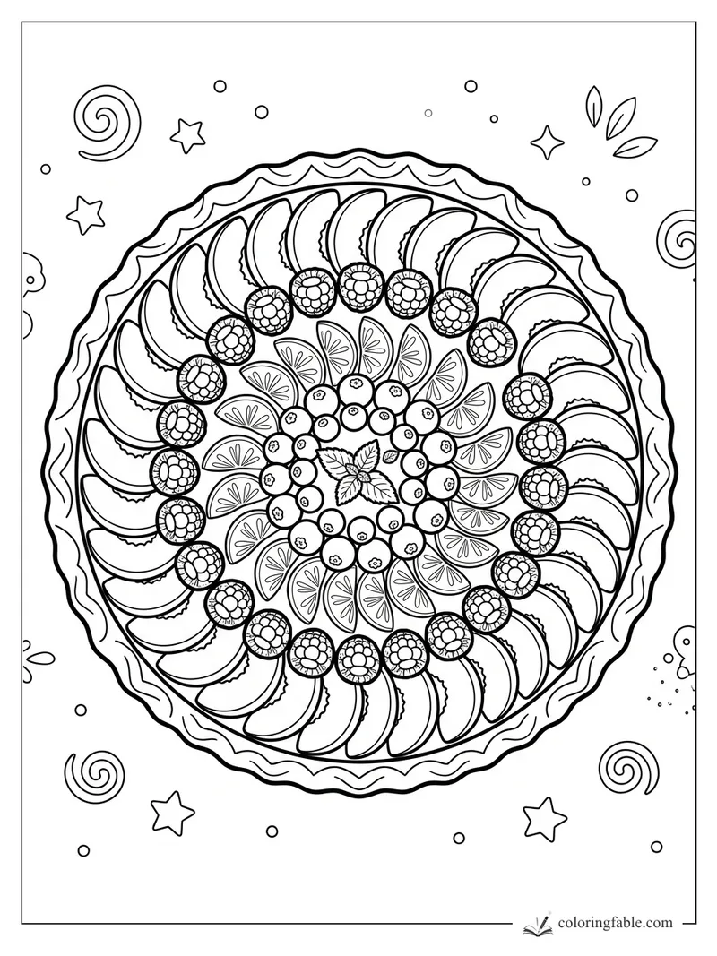Cartoon fruit tart mandala with peach slices, raspberries, citrus wedges, blueberries, mint, stars, and swirls