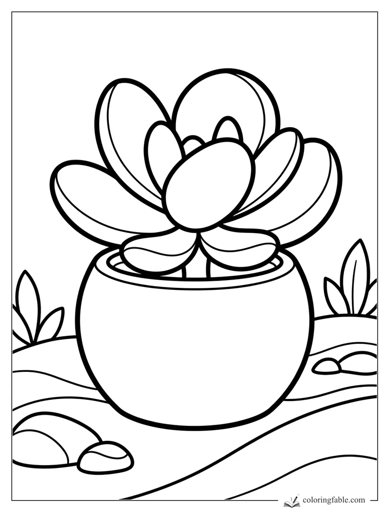 Bold easy coloring page of a rosette succulent in a round pot with pebbles and small sprouts