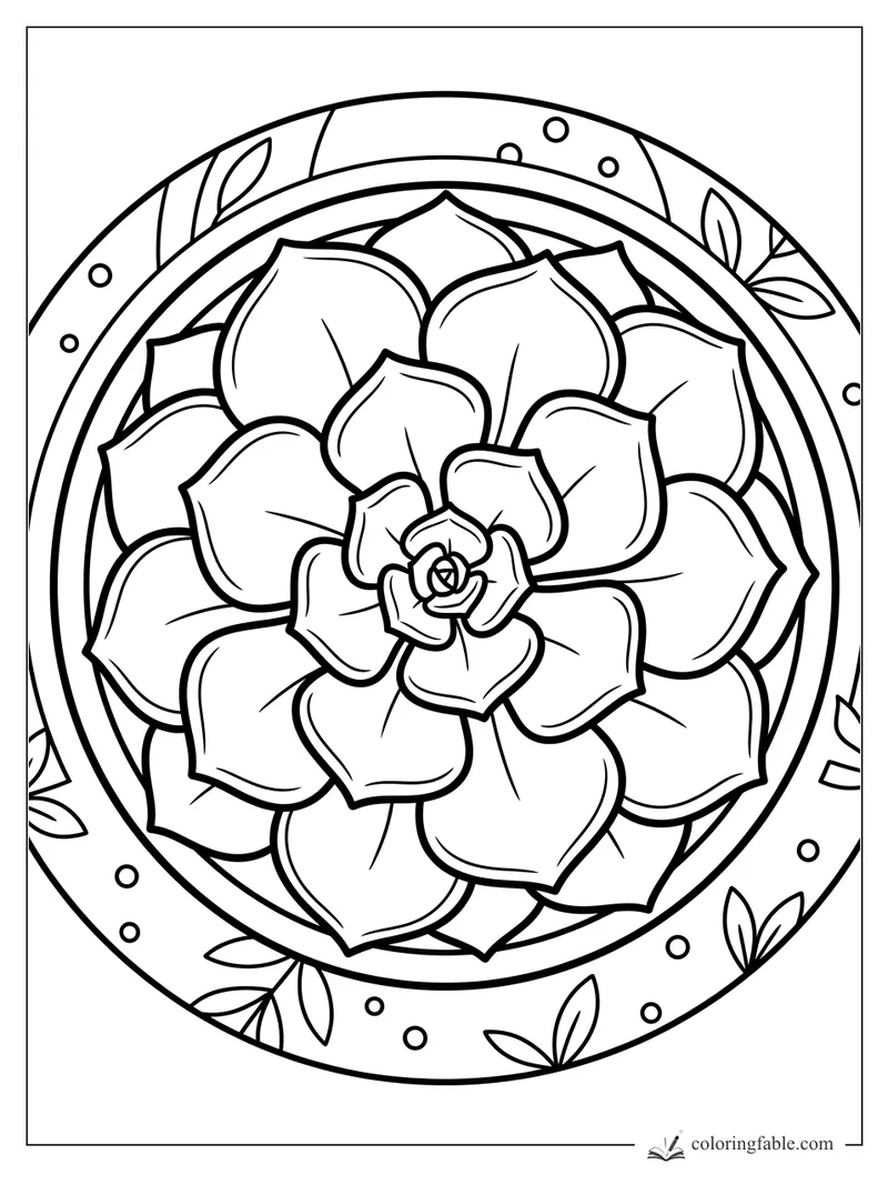 Bold succulent rosette coloring page with layered leaves, dots, and a leafy round border.