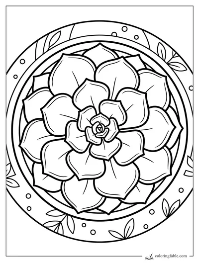 Bold succulent rosette coloring page with layered leaves, dots, and a leafy round border.