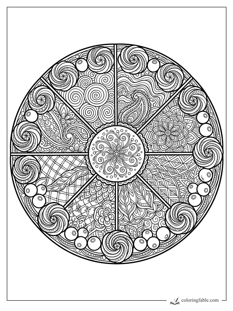 Intricate round zentangle cake divided into slices with frosting rosettes, berries, paisleys, flowers, and spirals