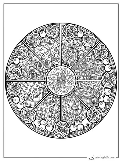 Intricate round zentangle cake divided into slices with frosting rosettes, berries, paisleys, flowers, and spirals
