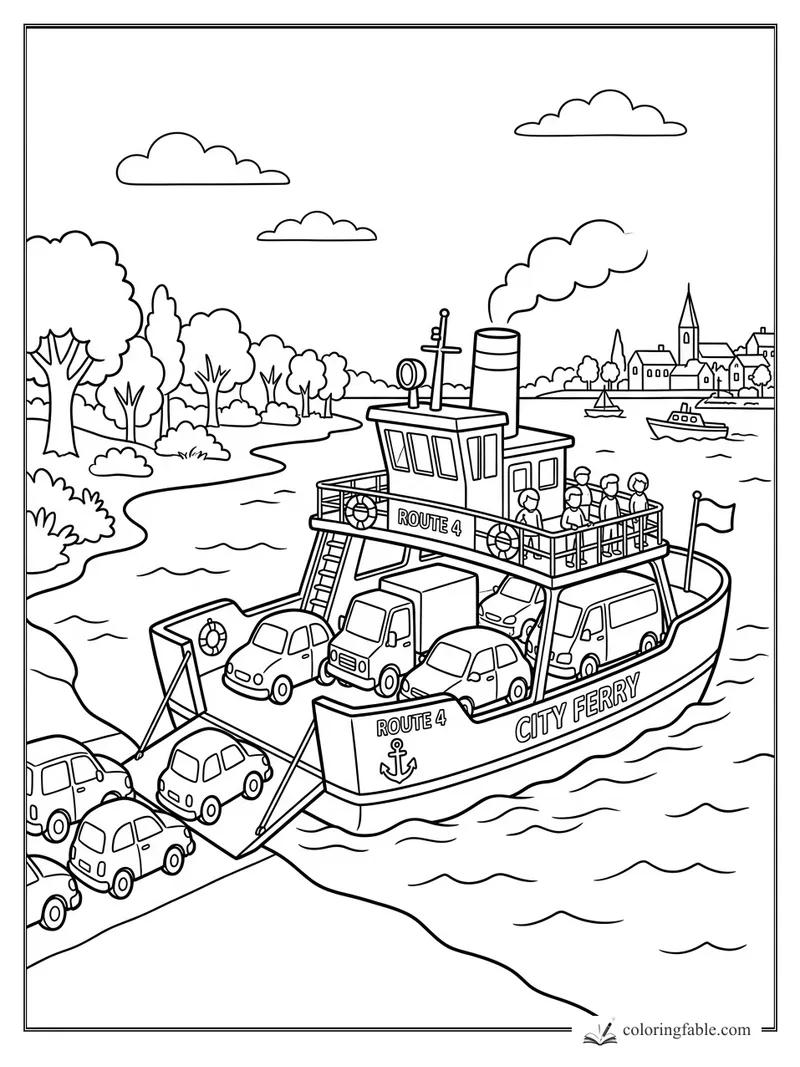 Route 4 city ferry carrying cars and passengers on a river beside trees and a small town