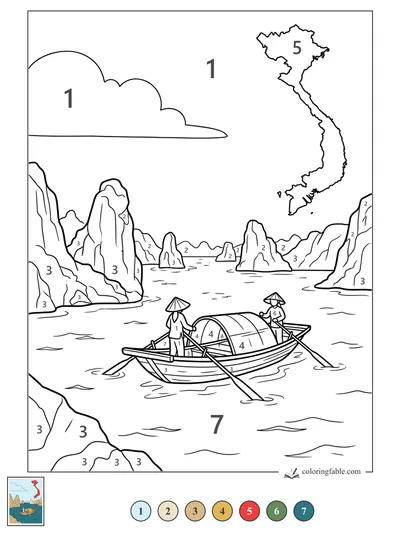 Rowboat in Ha Long Bay with Vietnam Map — color by number