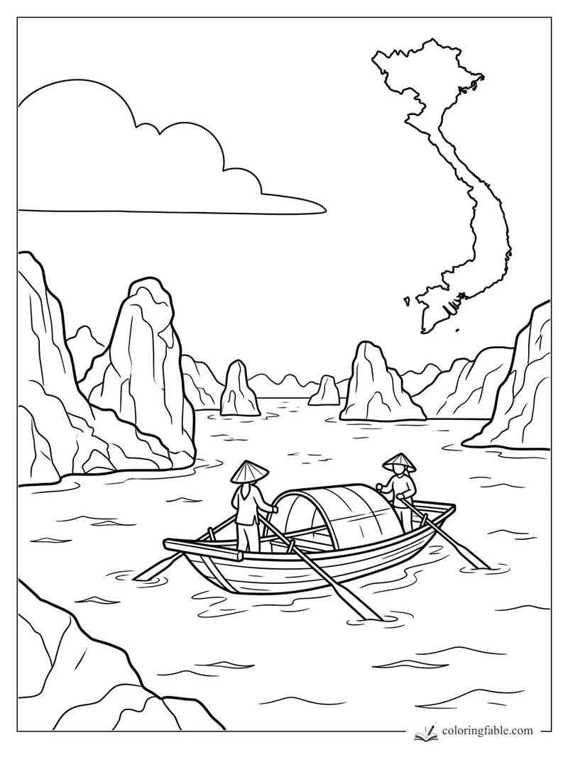 Vietnam map above a rowboat with two people in conical hats among Ha Long Bay limestone rocks