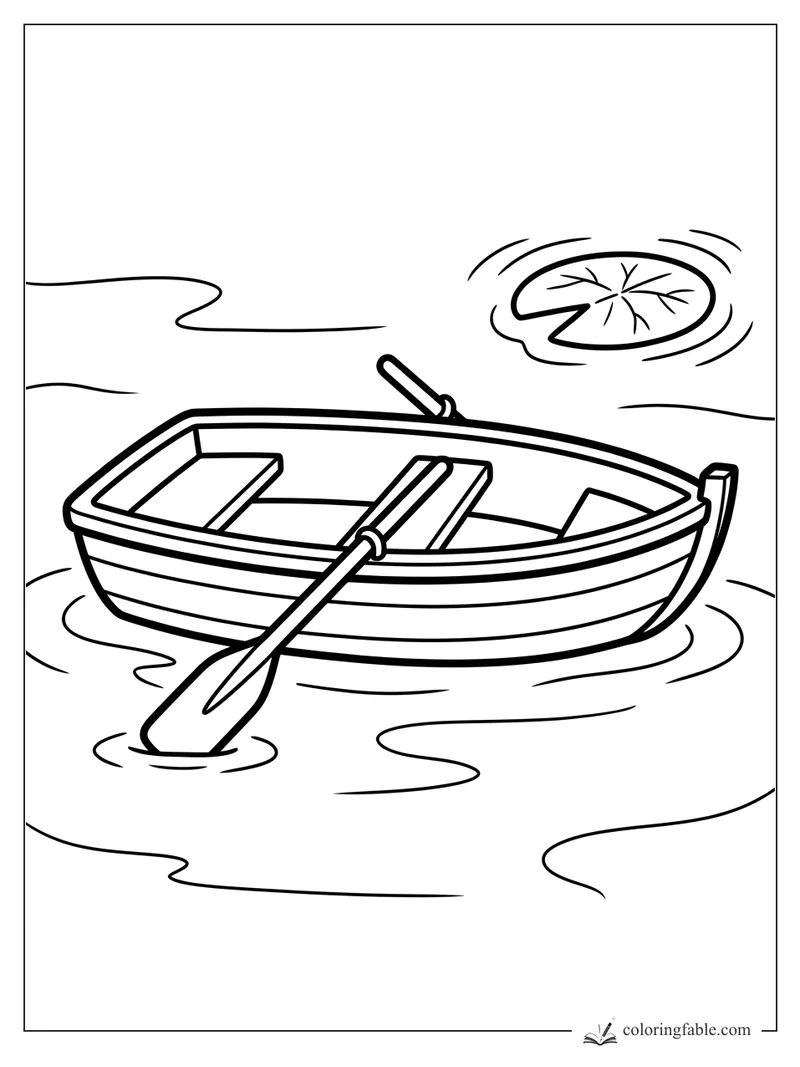 Easy rowboat coloring page with two oars, bench seats, rippling water, and a lily pad nearby
