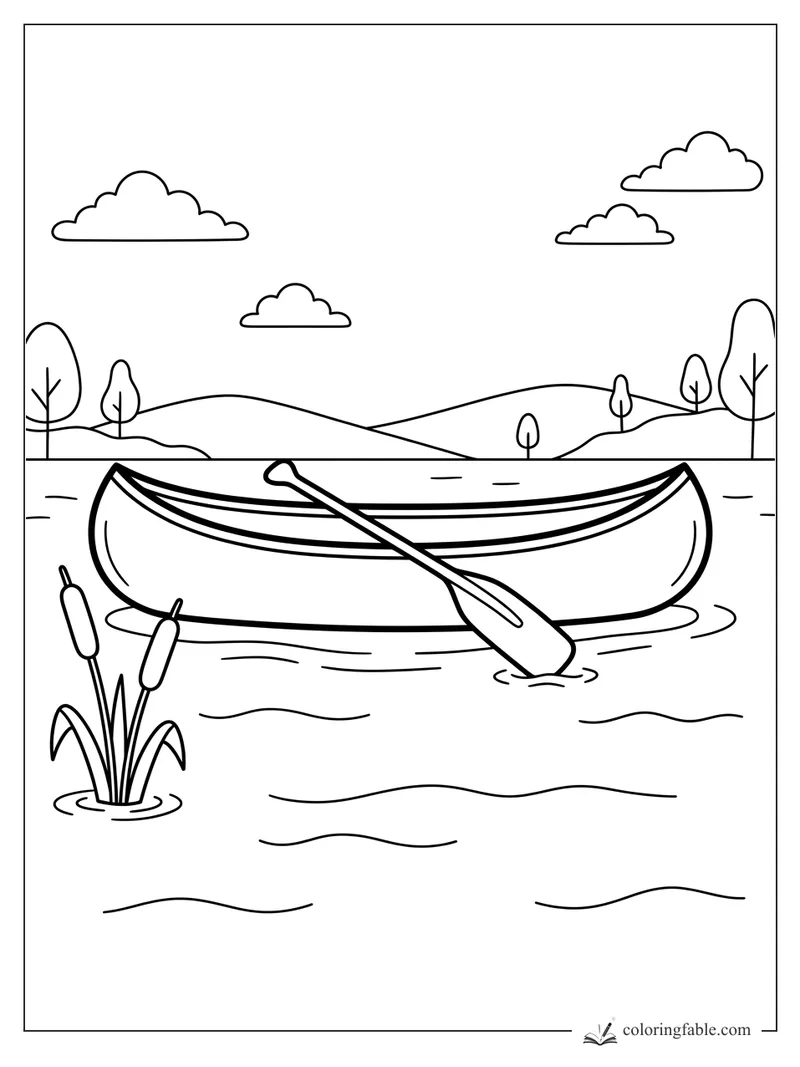 Easy rowboat coloring page with one oar, cattails, hills, trees, clouds, and gentle lake waves