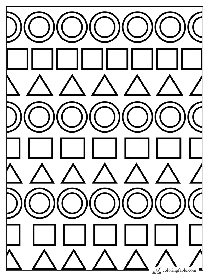 Repeating geometric pattern with outlined circles, squares, and triangles in neat horizontal rows