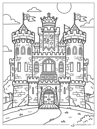 Bold easy coloring page of a royal castle with round towers, flags, crown, banners, sun, and clouds.