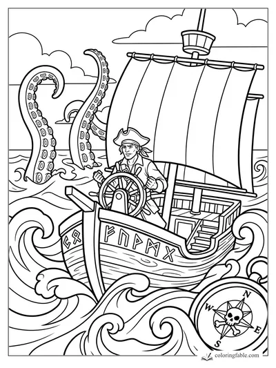 Pop-art coloring page of a pirate at the wheel, runed ship, giant tentacles, waves, and skull compass.