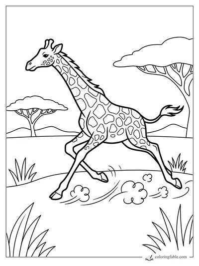 Cartoon giraffe running past acacia trees, grasses, hills, and little dust clouds on a savanna.